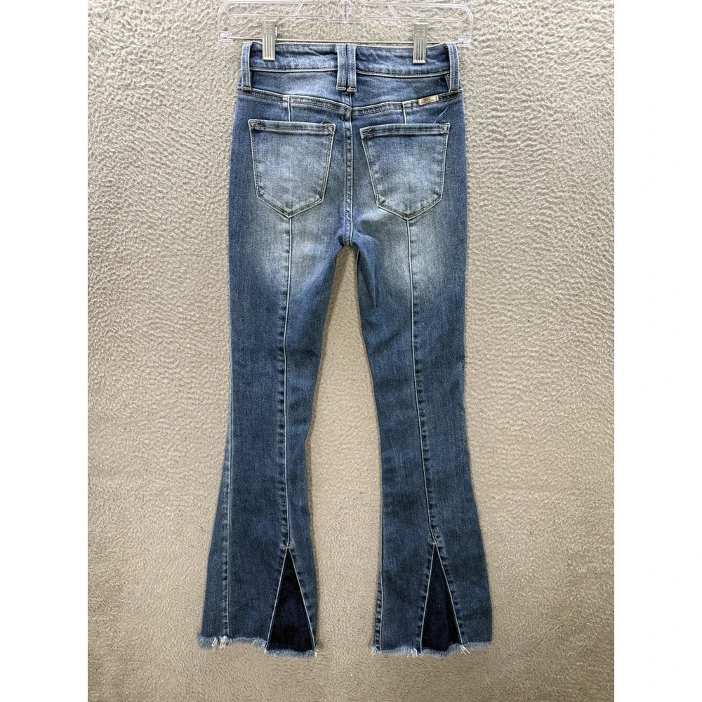 Kancan Jeans Girls 23 Blue‎ Flare High Rise Back Seam Raw Hem Distressed Denim